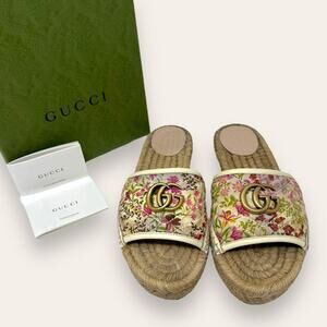 Gucci Pilar Floral GG Espadrille Slide Sandals Pink Cream 38 Women’s